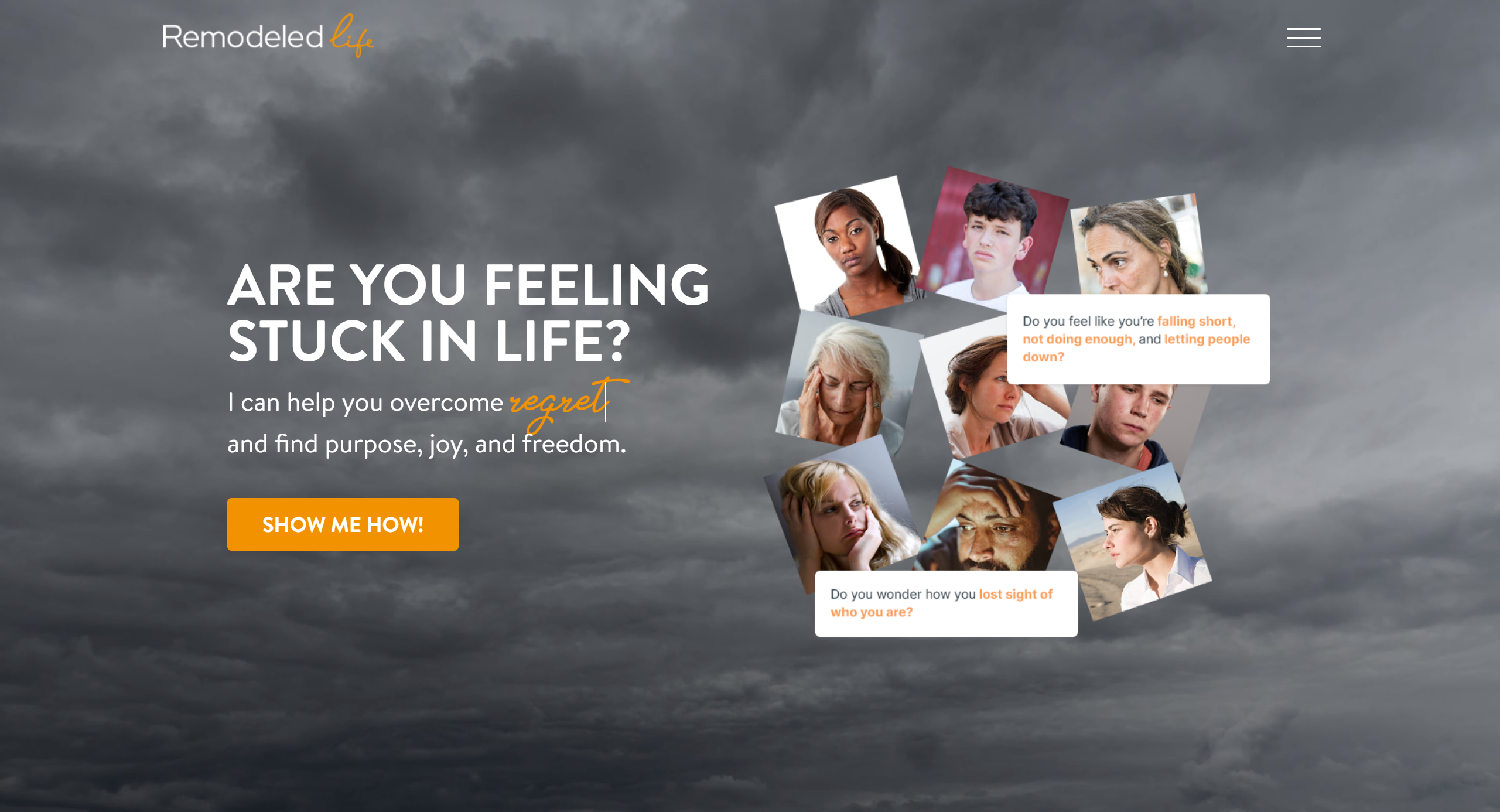 Dark, foreboding landing page. People hurting, dealing with regret